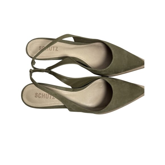 Schutz Olive Green Suede Pointed Toe Slingback Kitten Heels Size 8 - Picture 3 of 10